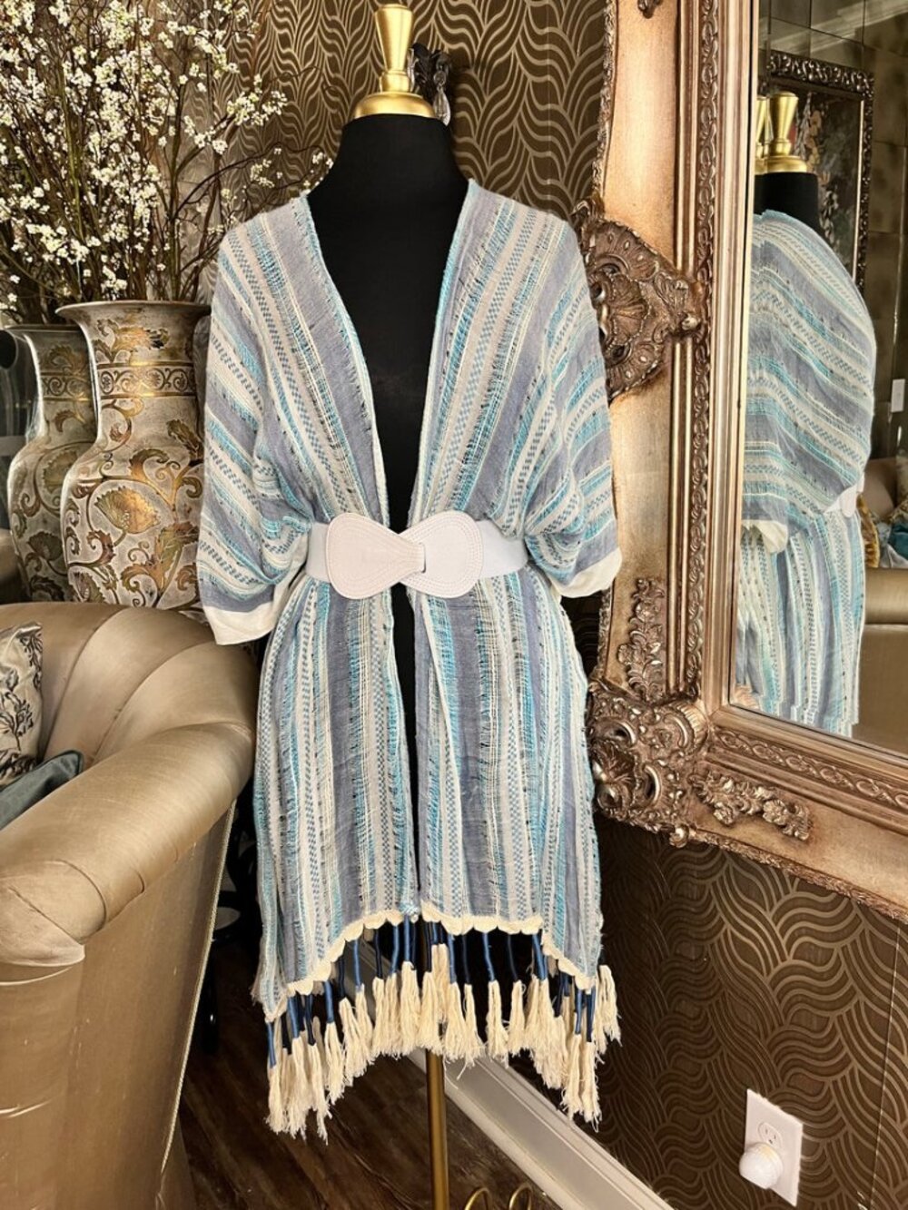 kimono woven vertical stripes and fringed hem duster